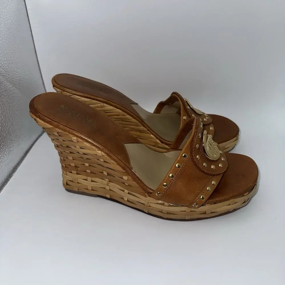 Michael Kors Santorini Wedge Slide Sandals Brown Leather Women’s 8.5